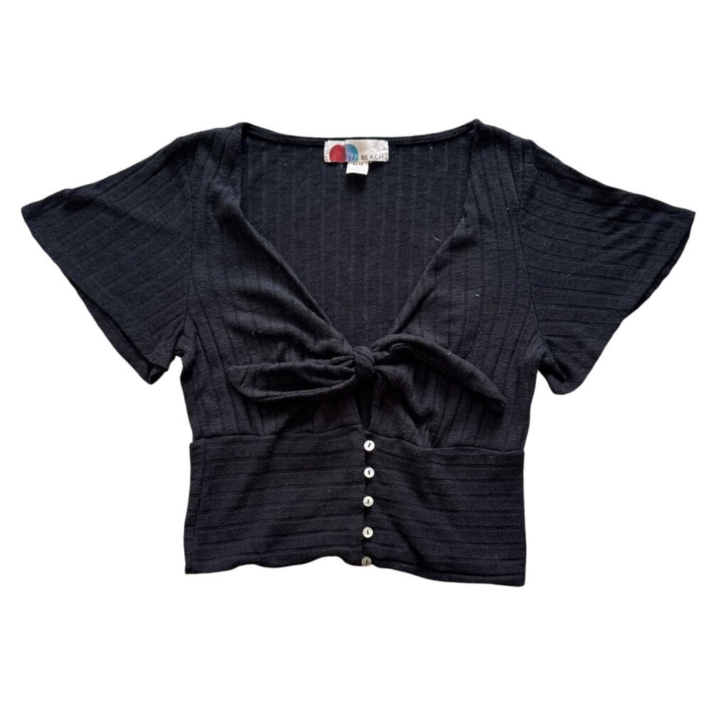 Free People Beach Black Rib Knit Button Up Tie Front Crop Top Women's Size M